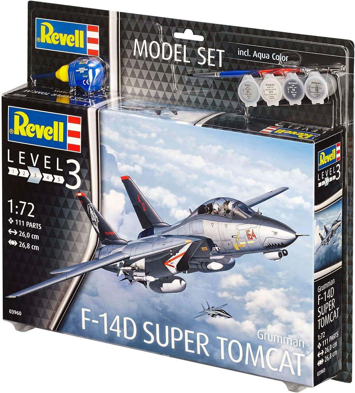 Revell Model Set 63960 F-14D Super Tomcat 1:72 Scale Unbuilt/Unpainted Plastic Model Kit with Contacta Professional Glue, Paintbrush & Selected Aqua Color Paints