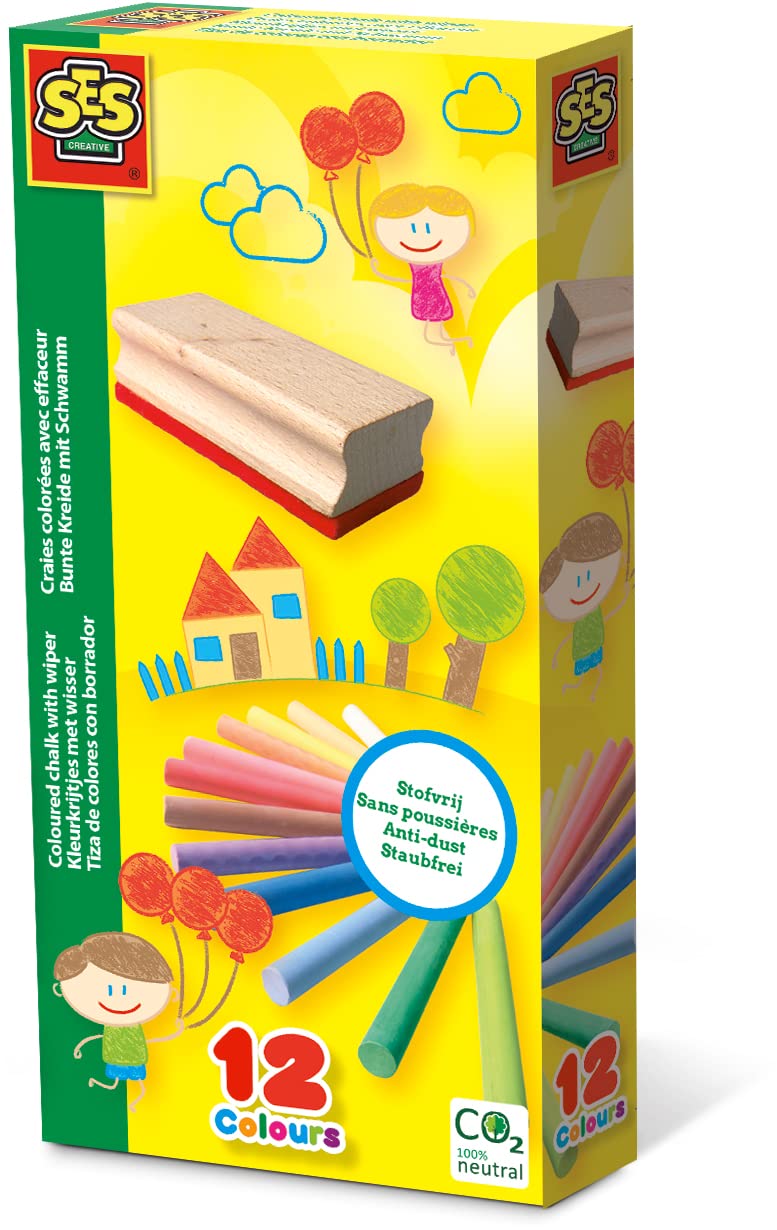 SES Creative 00208 Coloured Chalk With Wiper, Mixed, 12 Count (Pack of 1