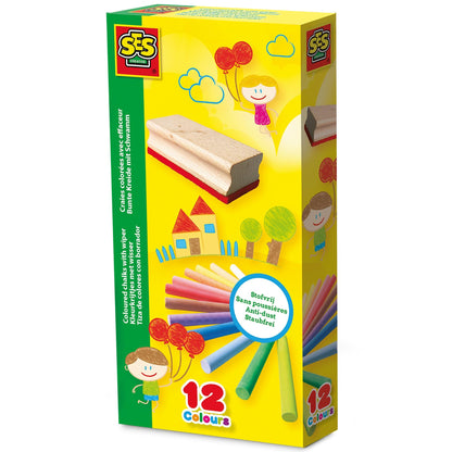 SES Creative 00208 Coloured Chalk With Wiper, Mixed, 12 Count (Pack of 1