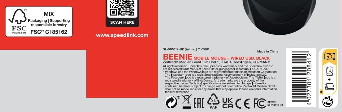 Speedlink BEENIE Wired USB Mobile Mouse - 3 Buttons - 1200 DPI