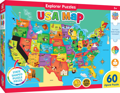 MasterPieces 60 Piece Educational Jigsaw Puzzle for Kids - USA Map State Shaped - 16.5"x12.75" USA Map w/ State Pieces