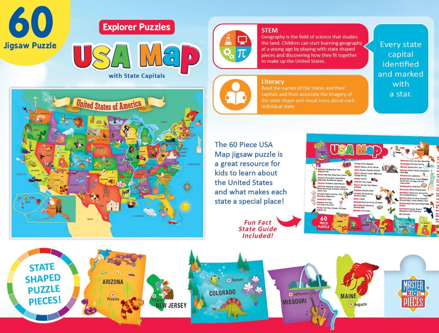 MasterPieces 60 Piece Educational Jigsaw Puzzle for Kids - USA Map State Shaped - 16.5"x12.75" USA Map w/ State Pieces