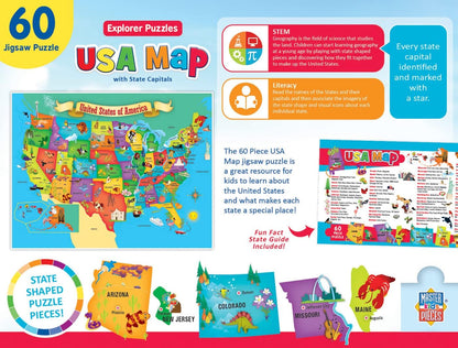 MasterPieces 60 Piece Educational Jigsaw Puzzle for Kids - USA Map State Shaped - 16.5"x12.75" USA Map w/ State Pieces