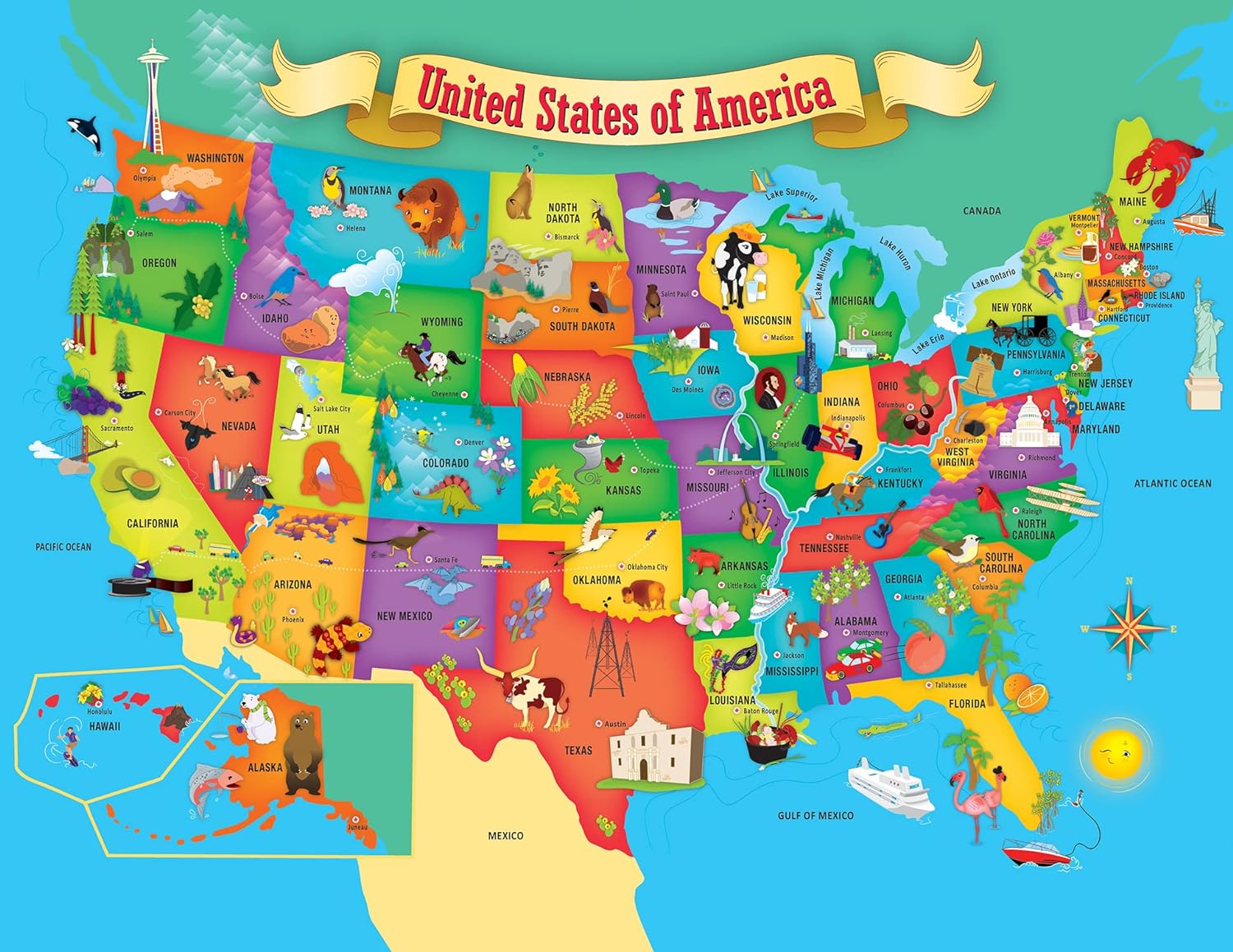 MasterPieces 60 Piece Educational Jigsaw Puzzle for Kids - USA Map State Shaped - 16.5"x12.75" USA Map w/ State Pieces