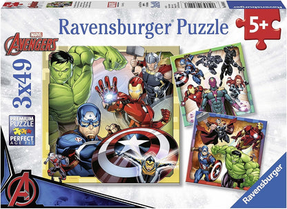 Ravensburger Marvel Avengers Assemble 3x 49 Piece Jigsaw Puzzles for Kids Age 5 Years and Up & Marvel Avengers Mini Memory Game - For Kids Age 3 Years and Up - Hulk, Thor, Iron Man + Memory Game