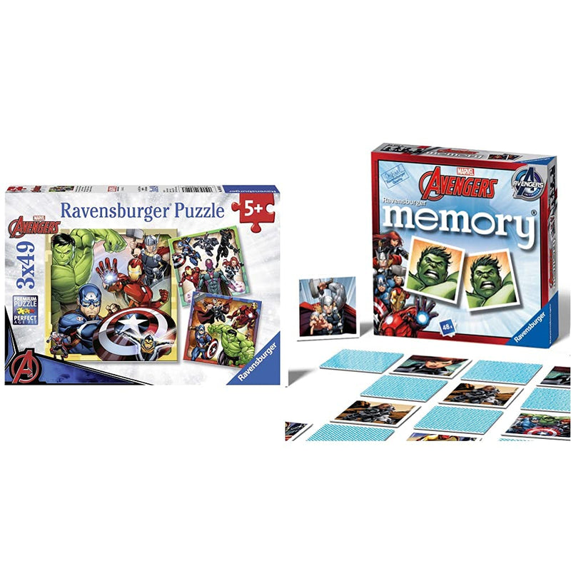 Ravensburger Marvel Avengers Assemble 3x 49 Piece Jigsaw Puzzles for Kids Age 5 Years and Up & Marvel Avengers Mini Memory Game - For Kids Age 3 Years and Up - Hulk, Thor, Iron Man + Memory Game
