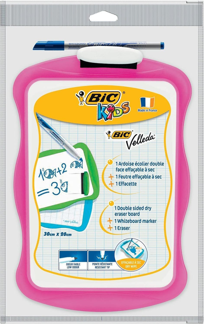 BIC Velleda Pizarra de Doble Cara y Borrado en Seco (21 x 31 cm) con Marcador y Borrador, Marco de colores Surtidos