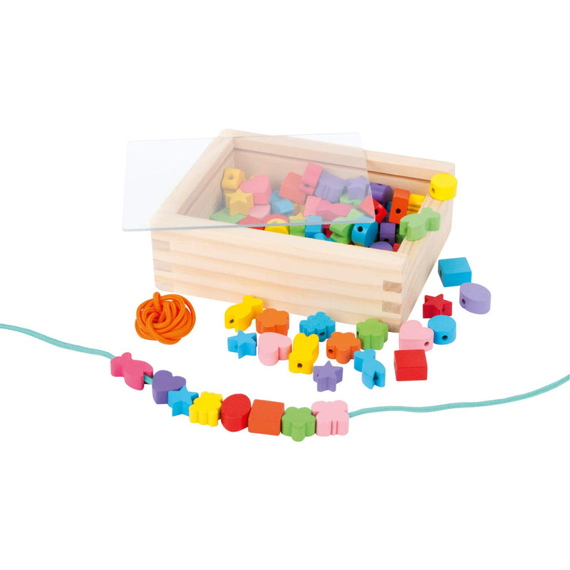 small foot 7594 threading set, with wooden beads in many colours and shapes, incl. ribbons, in wooden box