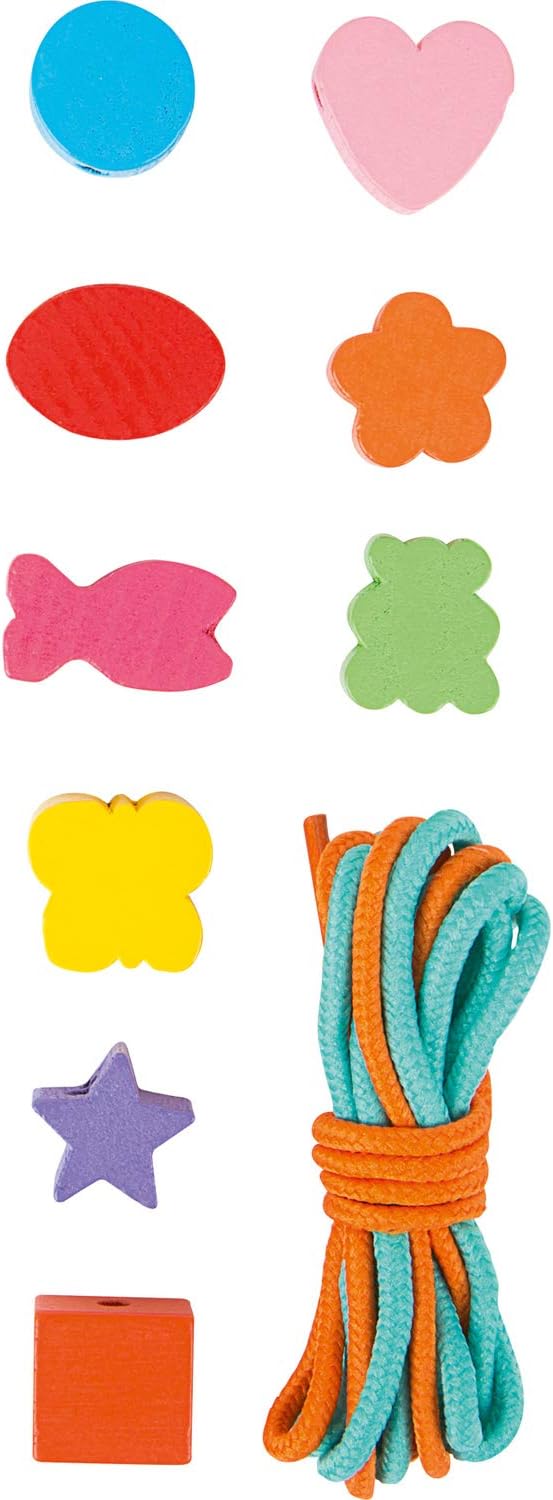 small foot 7594 threading set, with wooden beads in many colours and shapes, incl. ribbons, in wooden box