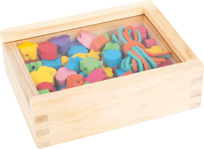 small foot 7594 threading set, with wooden beads in many colours and shapes, incl. ribbons, in wooden box