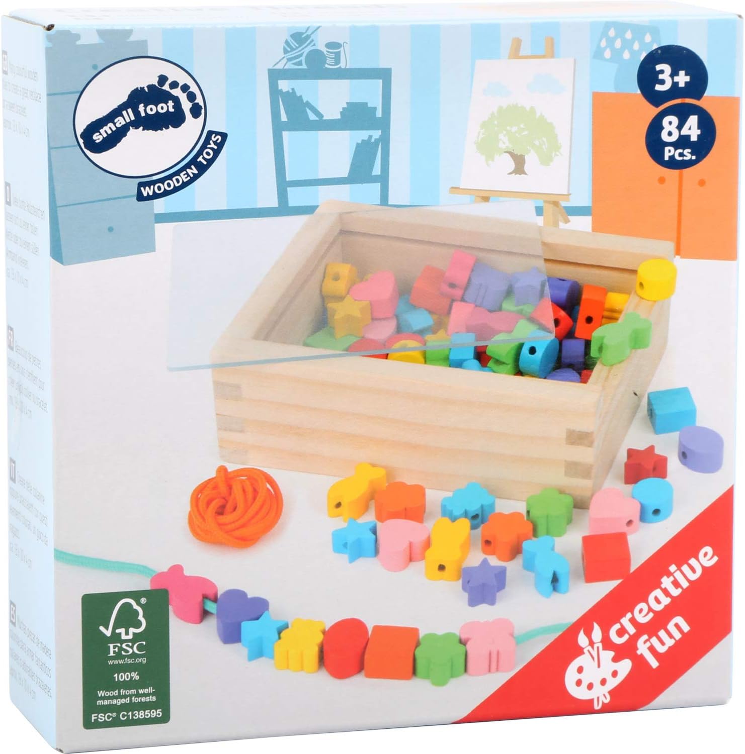 small foot 7594 threading set, with wooden beads in many colours and shapes, incl. ribbons, in wooden box