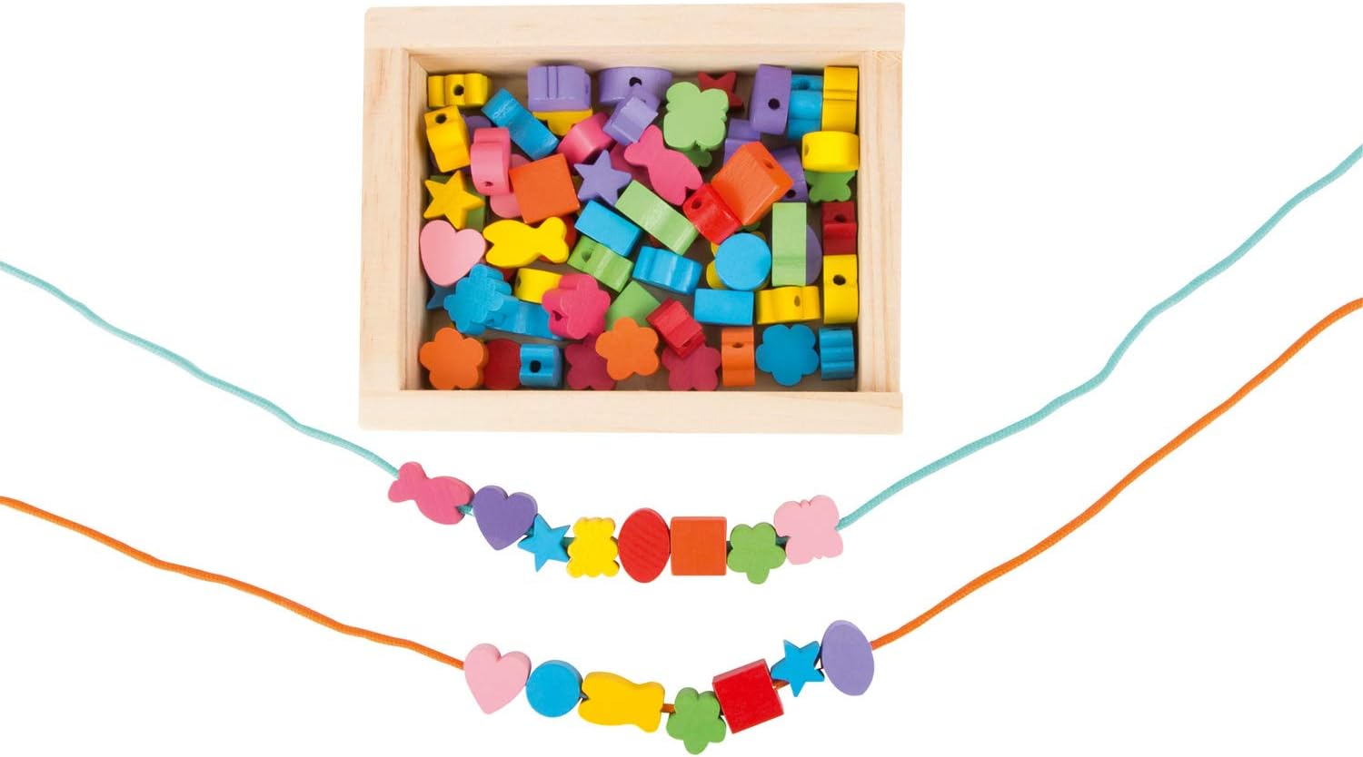 small foot 7594 threading set, with wooden beads in many colours and shapes, incl. ribbons, in wooden box