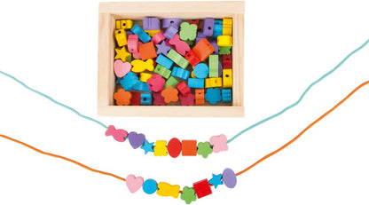 small foot 7594 threading set, with wooden beads in many colours and shapes, incl. ribbons, in wooden box