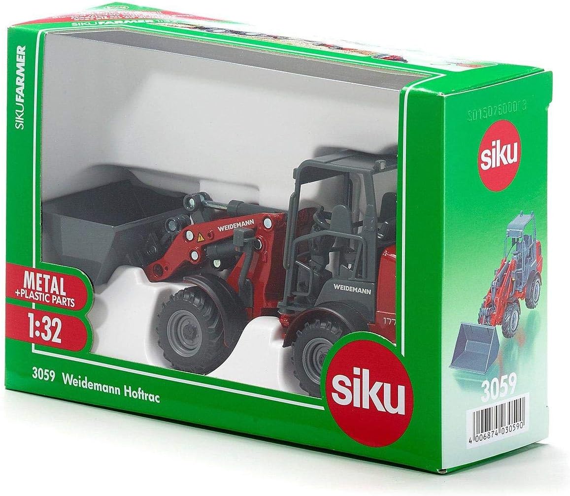 siku 3059, Weidemann Hoftrac Four-Wheel Loader, 1:32, Metal,Plastic, Red, Movable loading arm and shovel