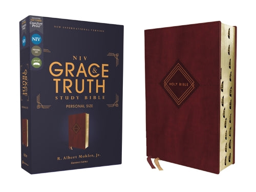 NIV, The Grace and Truth Study Bible (Trustworthy and Practical Insights), Personal Size, Leathersoft, Burgundy, Red Letter, Thumb Indexed, Comfort Print