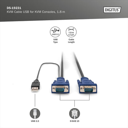 DIGITUS KVM cable - 2x VGA connector, 1x USB 2.0 connector - 1,8 m - for KVM consoles & KVM switches - Suitable for : DS-720xx and DS-23100-1, DS-23200-1, DS-23300-1 - Black