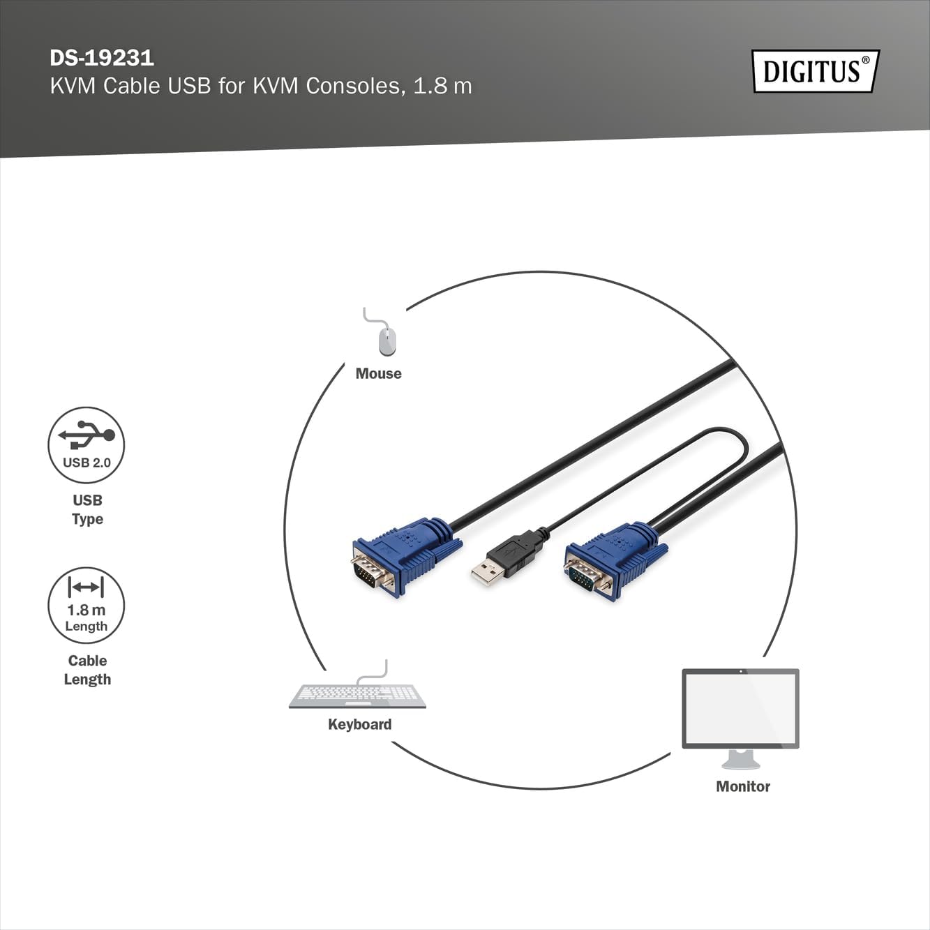 DIGITUS KVM cable - 2x VGA connector, 1x USB 2.0 connector - 1,8 m - for KVM consoles & KVM switches - Suitable for : DS-720xx and DS-23100-1, DS-23200-1, DS-23300-1 - Black