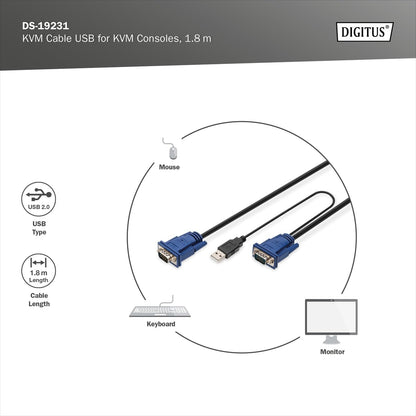 DIGITUS KVM cable - 2x VGA connector, 1x USB 2.0 connector - 1,8 m - for KVM consoles & KVM switches - Suitable for : DS-720xx and DS-23100-1, DS-23200-1, DS-23300-1 - Black