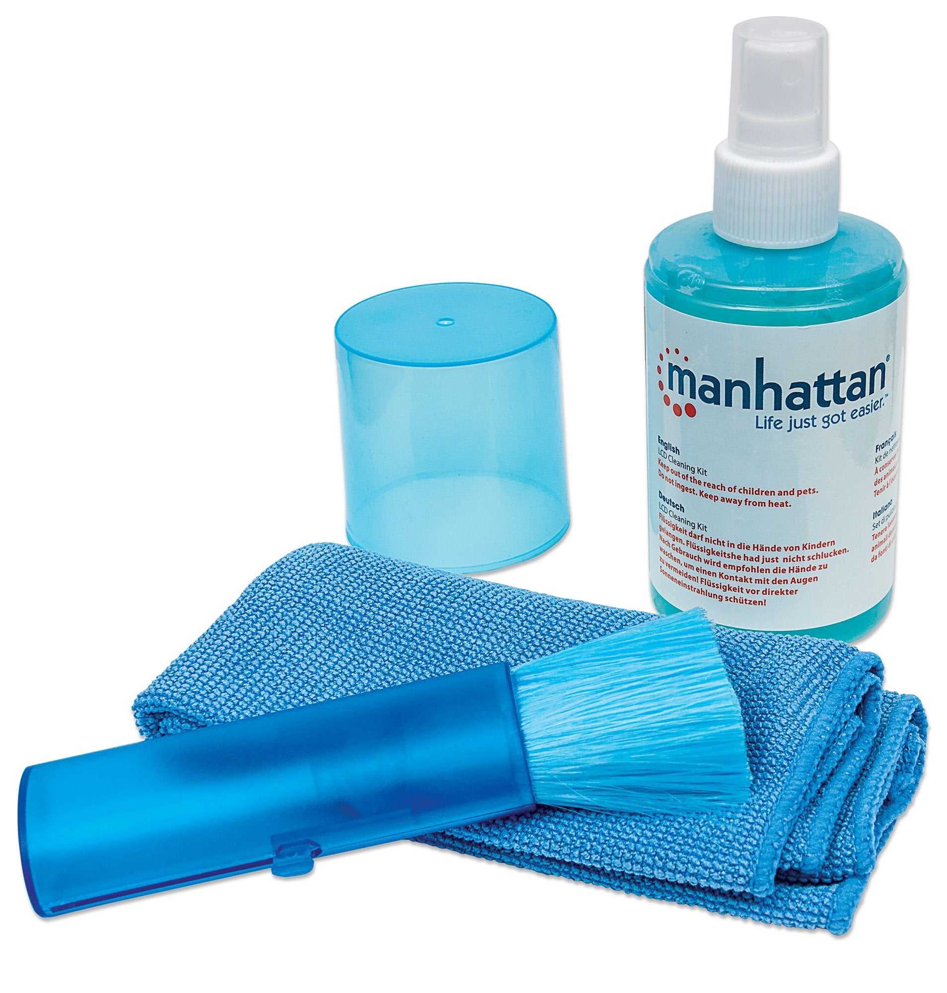 Manhattan LCD Cleaning Kit, Alcohol-free, Includes Cleaning Solution (200ml), Brush and Microfibre Cloth, Ideal for use on monitors/laptops/keyboards/etc, Blister