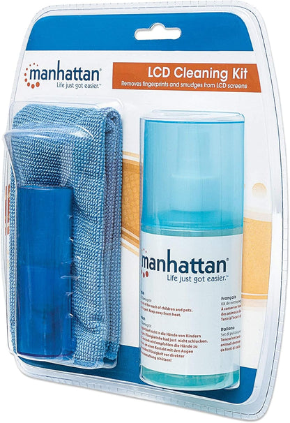 Manhattan LCD Cleaning Kit, Alcohol-free, Includes Cleaning Solution (200ml), Brush and Microfibre Cloth, Ideal for use on monitors/laptops/keyboards/etc, Blister