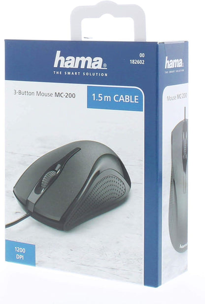 Hama MC-200 Optical 3-Button Mouse, Cabled, 1200 DPI
