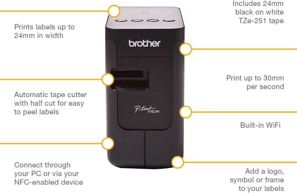 Brother PT-P750W Label Printer, P-Touch Labeller, Wireless, PC Connected & NFC, Desktop