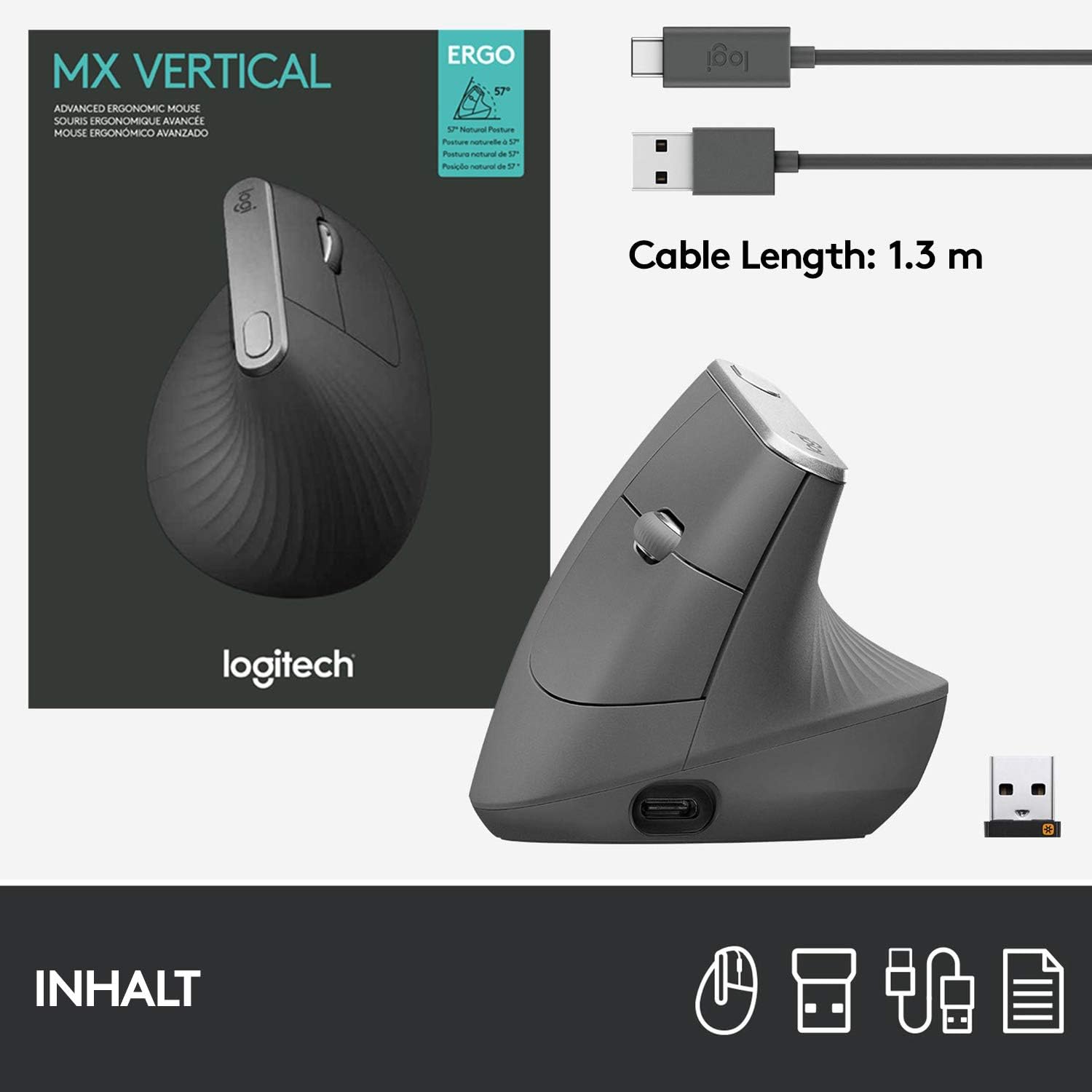 Logitech MX Vertical Ergonomic Mouse, Multi-Device, Bluetooth or 2.4GHz Wireless with USB Unifying Receiver, 4000 DPI Optical Tracking, 4 Buttons, Fast Charging, Laptop/PC/Mac/iPad OS- Black