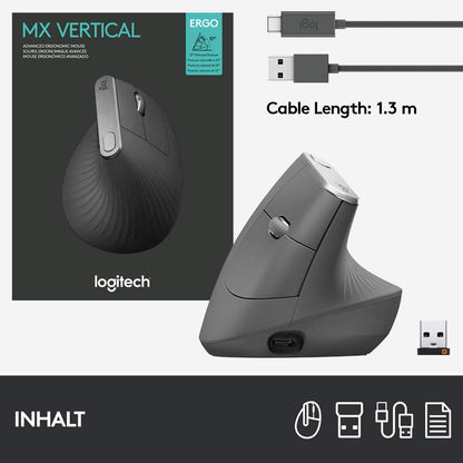 Logitech MX Vertical Ergonomic Mouse, Multi-Device, Bluetooth or 2.4GHz Wireless with USB Unifying Receiver, 4000 DPI Optical Tracking, 4 Buttons, Fast Charging, Laptop/PC/Mac/iPad OS- Black