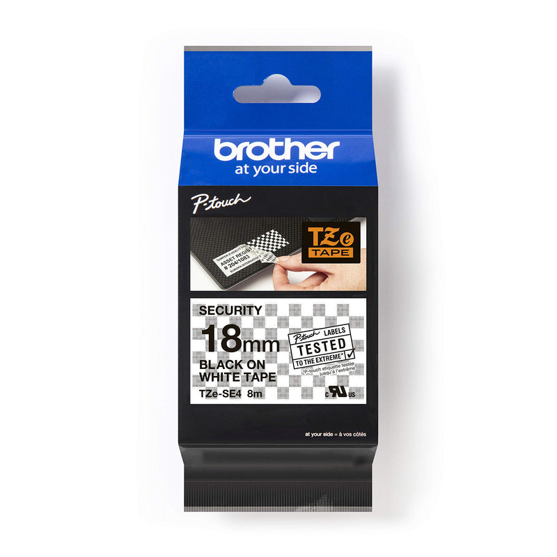 Brother TZe-SE4 Labelling Tape Cassette, Black on White, 18mm (W) x 8M (L), Security, Brother Genuine Supplies
