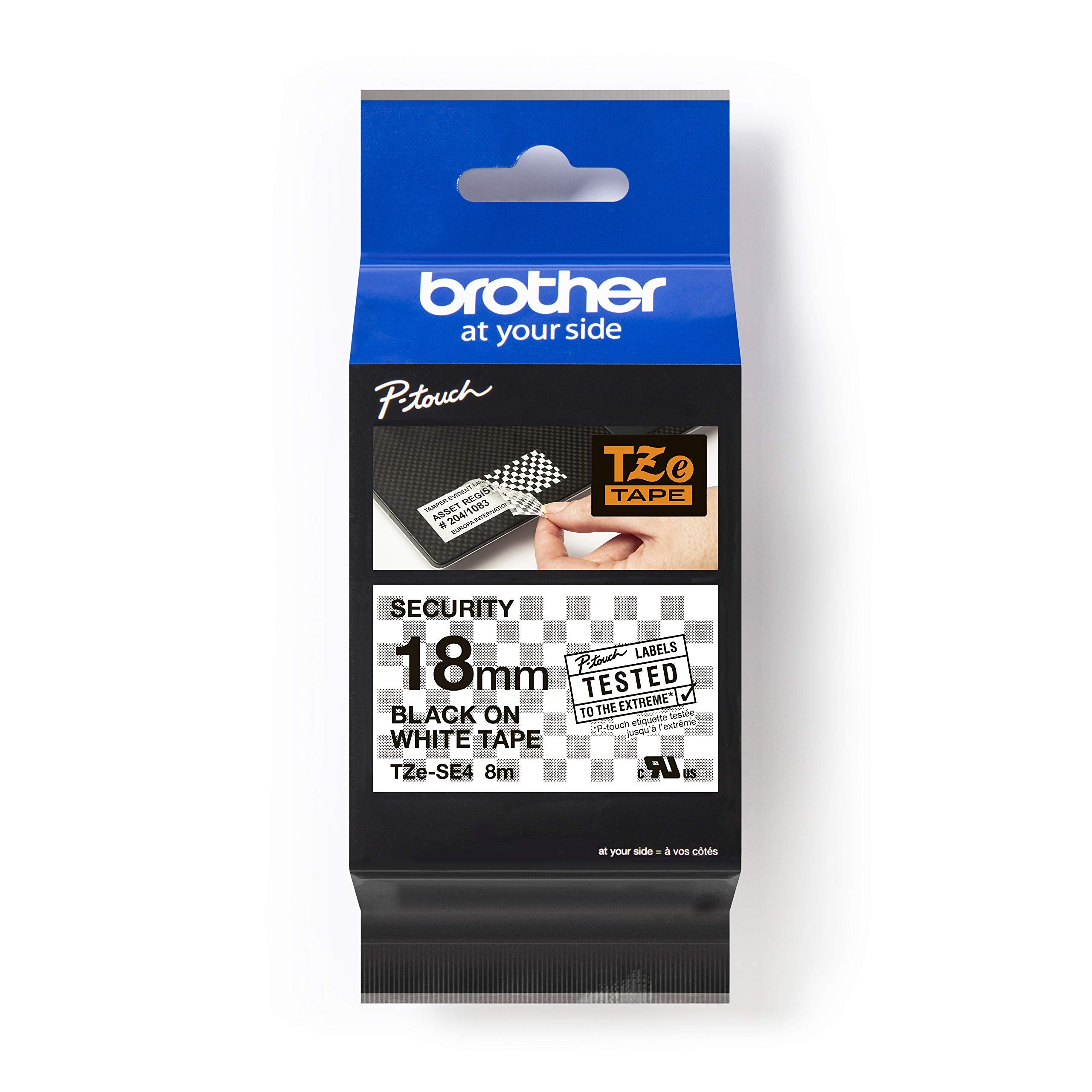 Brother TZe-SE4 Labelling Tape Cassette, Black on White, 18mm (W) x 8M (L), Security, Brother Genuine Supplies