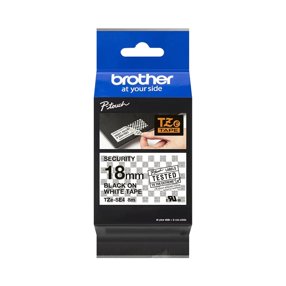 Brother TZe-SE4 Labelling Tape Cassette, Black on White, 18mm (W) x 8M (L), Security, Brother Genuine Supplies