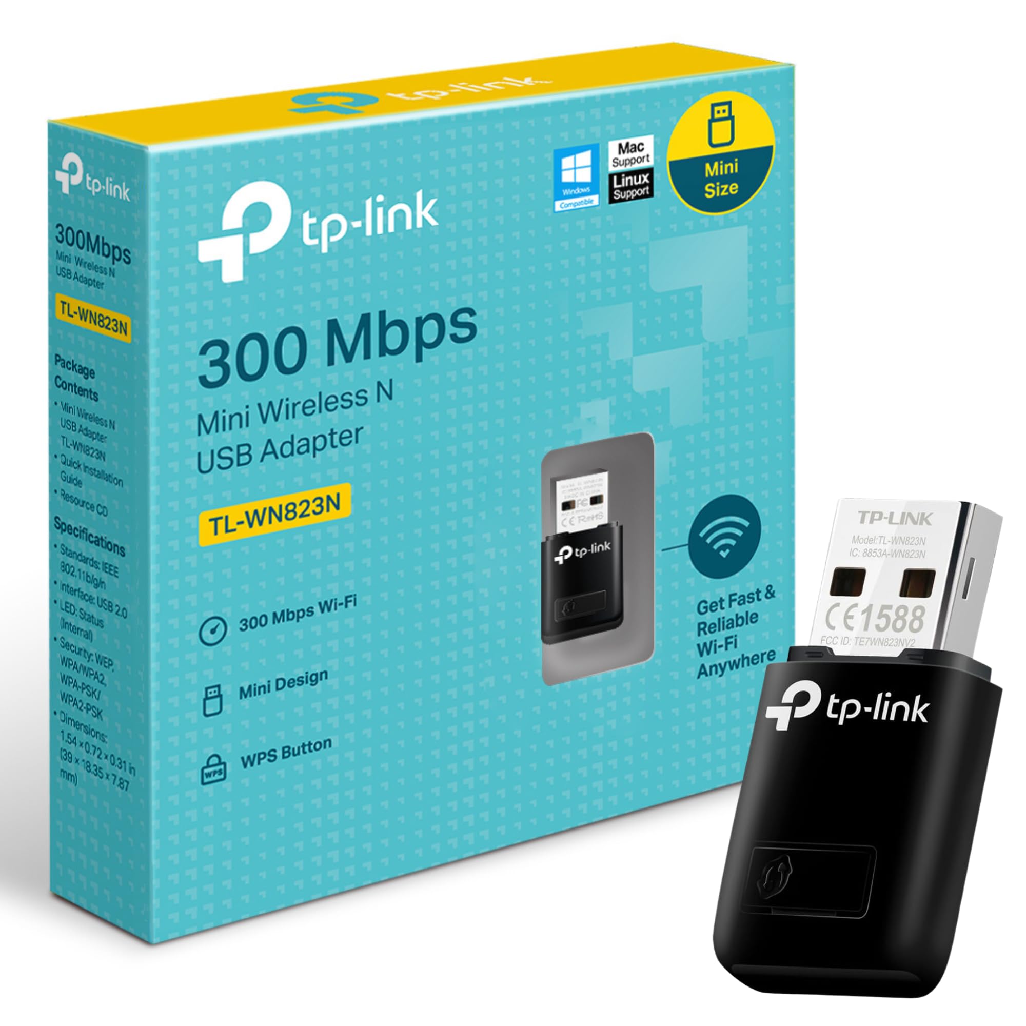TP-Link 300Mbps Mini Wireless N USB WiFi Adapter, ideal for smooth HD video, voice streaming and online gaming,USB 2.0, Supports Windows 10/8.1/8/7/XP, Mac OS, Linux(TL-WN823N