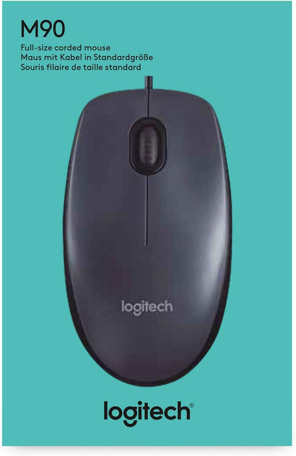 Logitech M90 Maus mit Kabel, 1000 DPI Sensor, USB-Anschluss, 3 Tasten, Für Links- und Rechtshänder, PC/Mac - Grau - Deutsche Verpackung