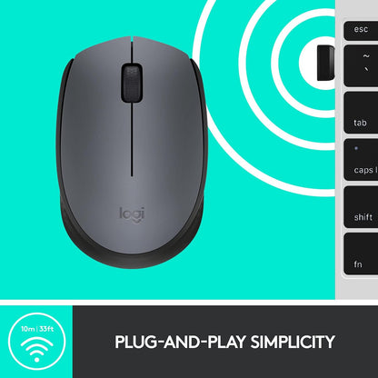 Logitech M170 Wireless Mouse, 2.4 GHz with USB Nano Receiver, Optical Tracking, 12-Months Battery Life, Ambidextrous, PC / Mac / Laptop - Black/Grey