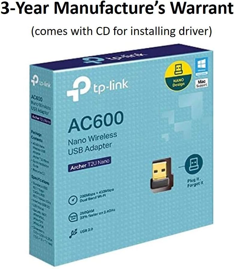 TP-Link AC600 USB Wi-Fi Dongle, Dual Band 5 GHz Wireless Adapter for PC, Desktop and Laptop, Supports Windows 11/10/8.1/8/7/XP, Mac OS 10.9-10.13 (Archer T2U Nano