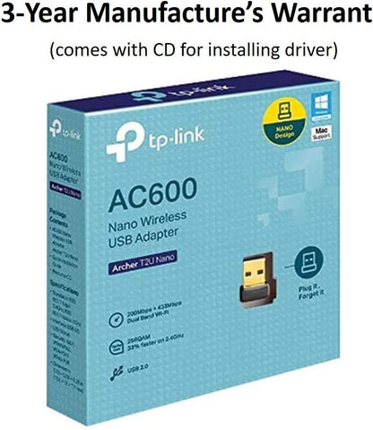 TP-Link AC600 USB Wi-Fi Dongle, Dual Band 5 GHz Wireless Adapter for PC, Desktop and Laptop, Supports Windows 11/10/8.1/8/7/XP, Mac OS 10.9-10.13 (Archer T2U Nano