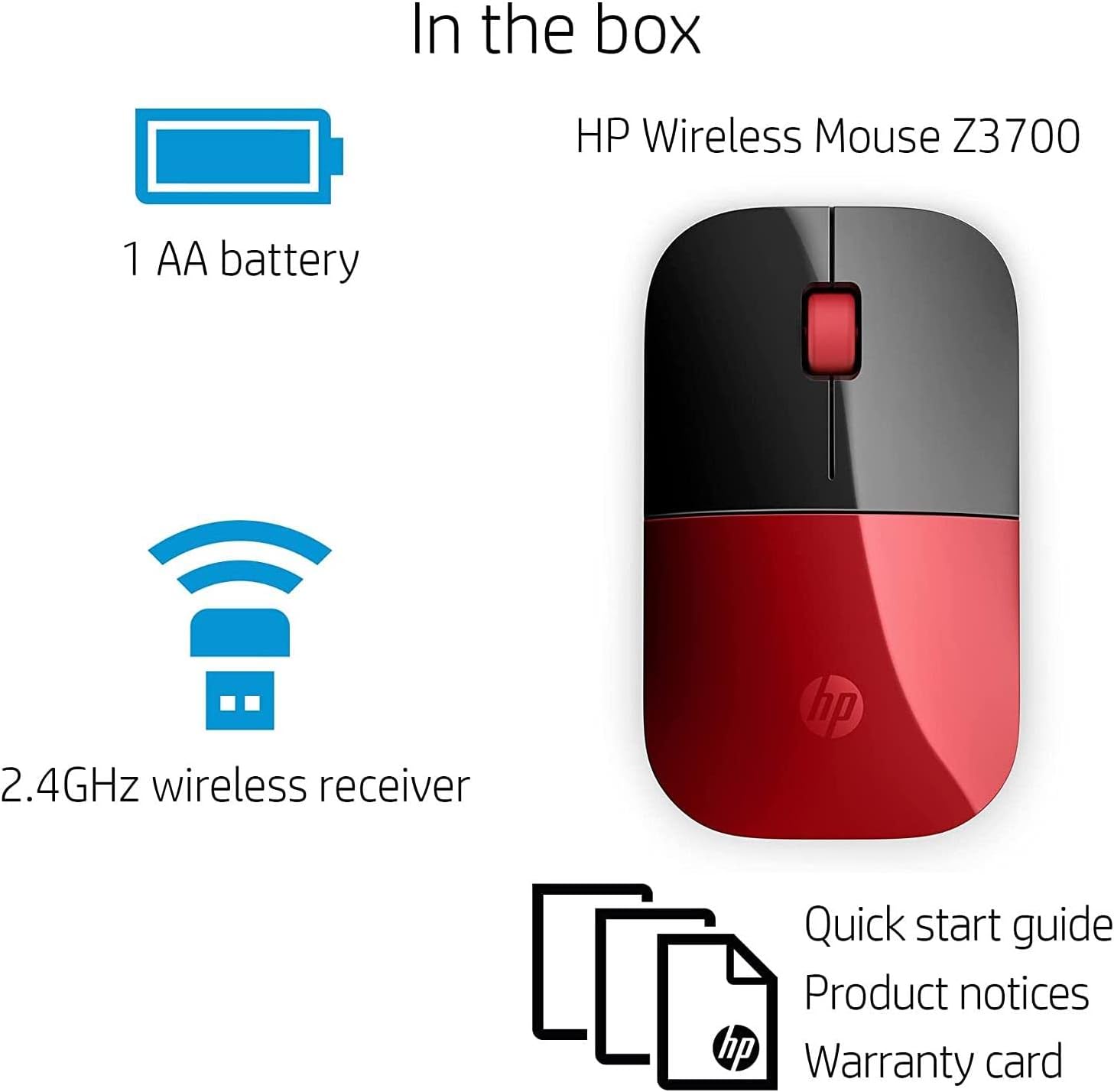 HP Z3700 Red 2.4 GHz USB Slim Wireless Mouse with Blue LED 1200 DPI Optical Sensor, Up to 16 Months Battery Life