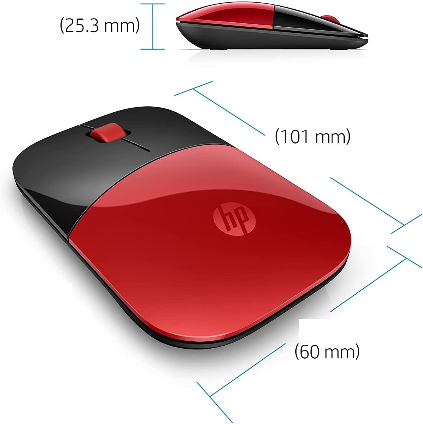 HP Z3700 Red 2.4 GHz USB Slim Wireless Mouse with Blue LED 1200 DPI Optical Sensor, Up to 16 Months Battery Life