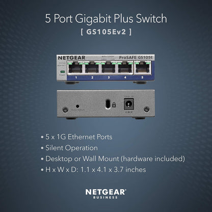 NETGEAR 5 Port Gigabit Ethernet Managed Network Switch (GS105E) - Ethernet Splitter - Ethernet Hub - Plug-and-Play - Silent Operation - Desktop or Wall Mount