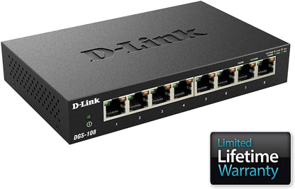 D-Link DGS-108/B 8-Port Gigabit Unmanaged Metal Desktop Switch 10/100/1000 Mbit/s - UK Version black DGS-108/B