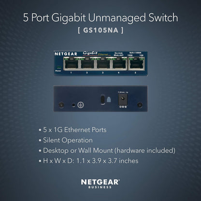 Netgear GS105 - Switch de Red (No administrado, 1000Base-T, 100Base-TX, 10Base-T, IEEE 802.3, IEEE 802.3u, IEEE 802.3z, 8000 entradas, 10/100/1000 Mbps, 1 Gbit/s