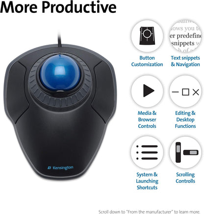 Kensington Orbit Mouse - Wired Ergonomic TrackBall Mouse for PC, Mac and Windows with Scroll Ring, Ambidextrous Design and Optical Tracking - Blue (K72337EU