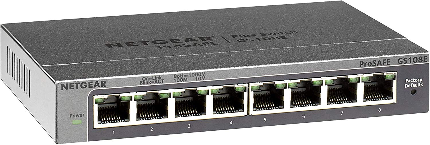NETGEAR 8 Port Gigabit Ethernet Managed Network Switch (GS108E) - Ethernet Splitter - Ethernet Hub - Plug-and-Play - Silent Operation - Desktop or Wall Mount