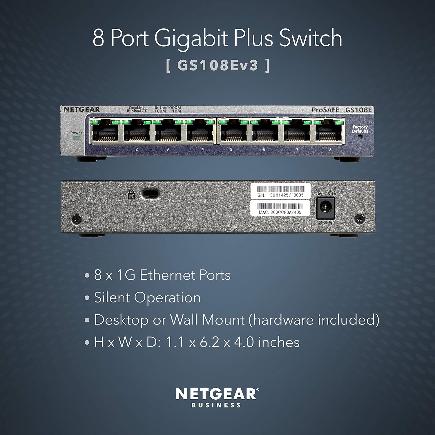NETGEAR 8 Port Gigabit Ethernet Managed Network Switch (GS108E) - Ethernet Splitter - Ethernet Hub - Plug-and-Play - Silent Operation - Desktop or Wall Mount