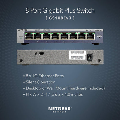 NETGEAR 8 Port Gigabit Ethernet Managed Network Switch (GS108E) - Ethernet Splitter - Ethernet Hub - Plug-and-Play - Silent Operation - Desktop or Wall Mount