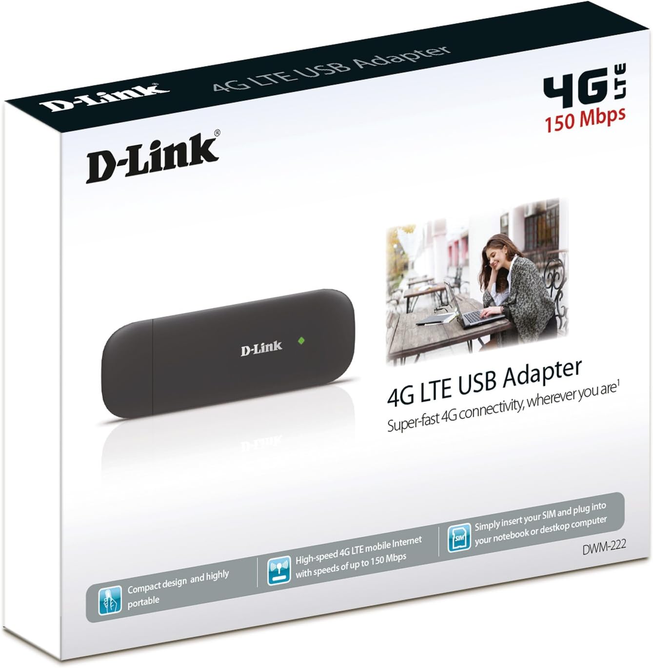 D-Link DWM-222 4G LTE USB Adapter, Up to 150 Mbps Download, USB 2.0, Plug and Play, Compatible with Windows XP/Vista/7/8/10 and Mac OS X 10.5 or higher