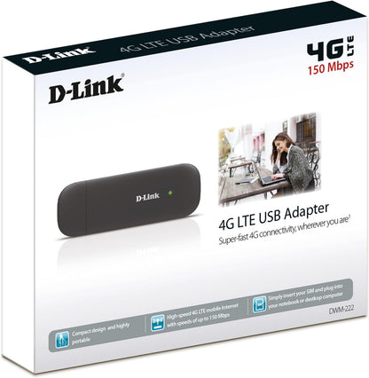 D-Link DWM-222 4G LTE USB Adapter, Up to 150 Mbps Download, USB 2.0, Plug and Play, Compatible with Windows XP/Vista/7/8/10 and Mac OS X 10.5 or higher