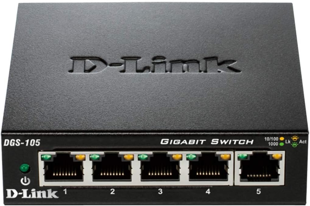 D-Link DGS-105/B 5-Port Gigabit Unmanaged Metal Desktop Switch 10/100/1000 Mbit/s - UK Version, black DGS-105/B