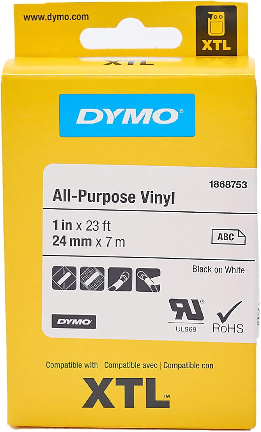 DYMO XTL All-Purpose Vinyl Labels | 24 mm x 7 m | Black on White
