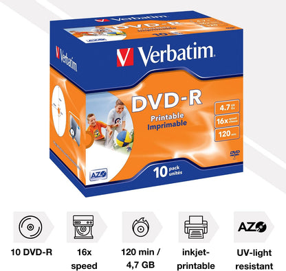 Verbatim 43521 4.7GB 16x DVD-R Printable - 10 Pack Jewel Case